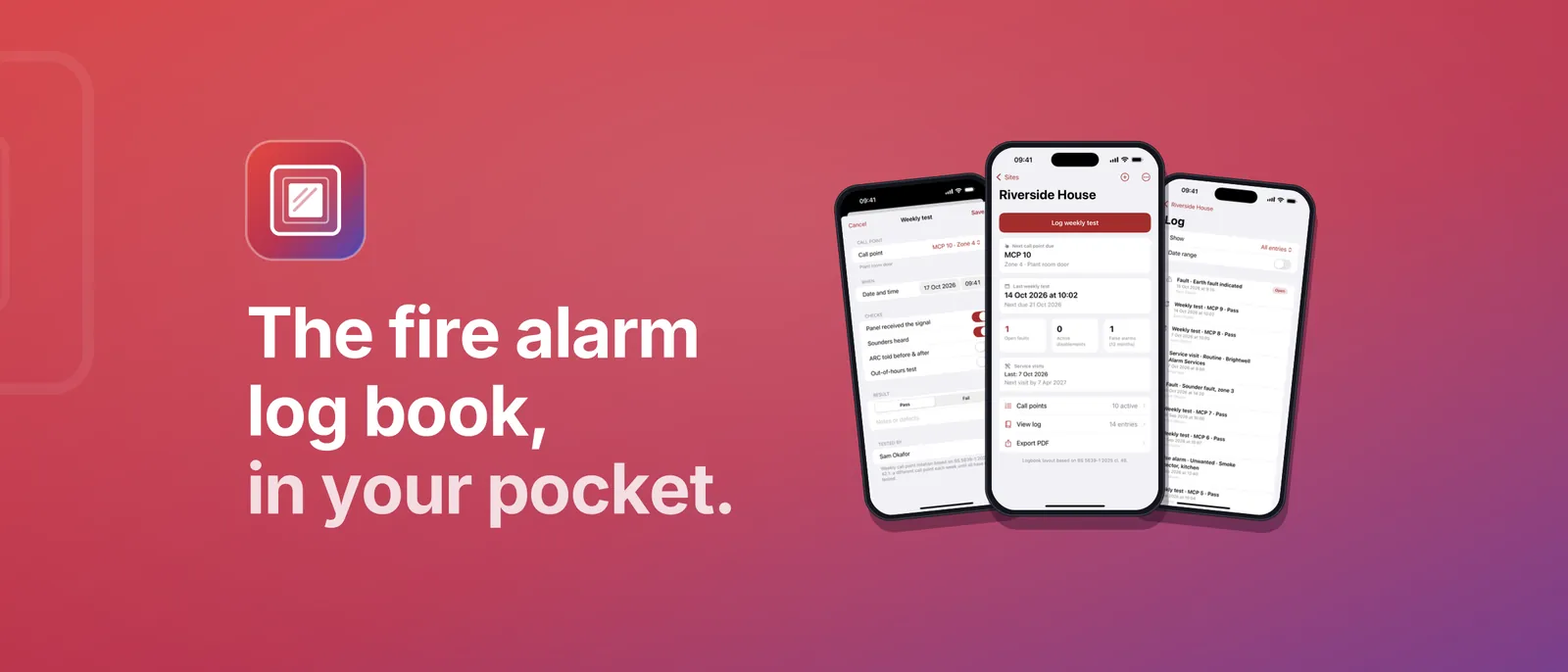 CallPoint banner: the fire alarm log book, in your pocket. Three iPhone screens show the site dashboard, a weekly test and the log book.