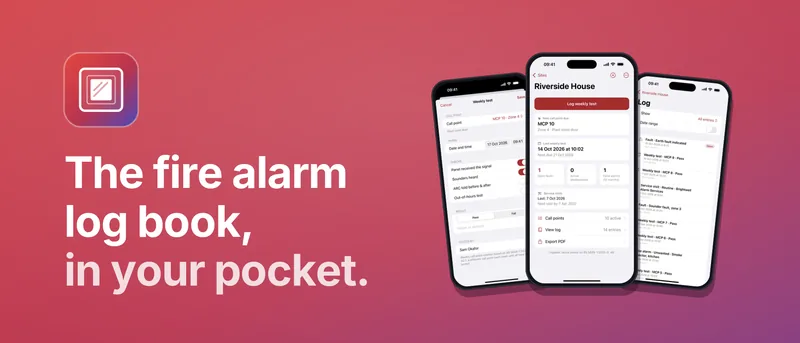 CallPoint banner: the fire alarm log book, in your pocket, shown on three iPhone screens.