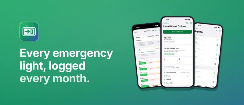 ExitPath banner: every emergency light, logged every month, shown on three iPhone screens.