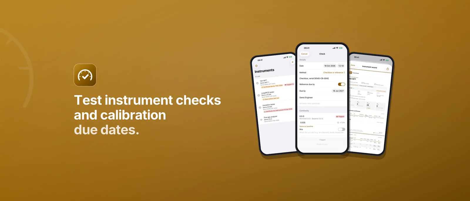 KnownGood banner: test instrument checks and calibration due dates. Three iPhone screens show the instrument list, a check and a PDF instrument record.