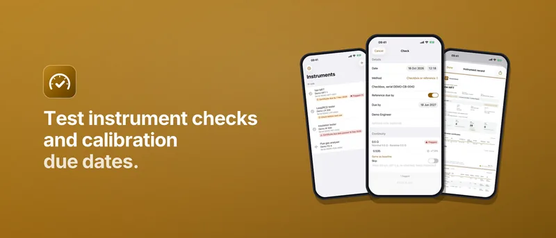 KnownGood banner: test instrument checks and calibration due dates, shown on three iPhone screens.