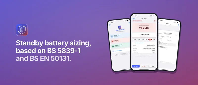 StandbyCalc banner: standby battery sizing, based on BS 5839-1 and BS EN 50131, shown on three iPhone screens.