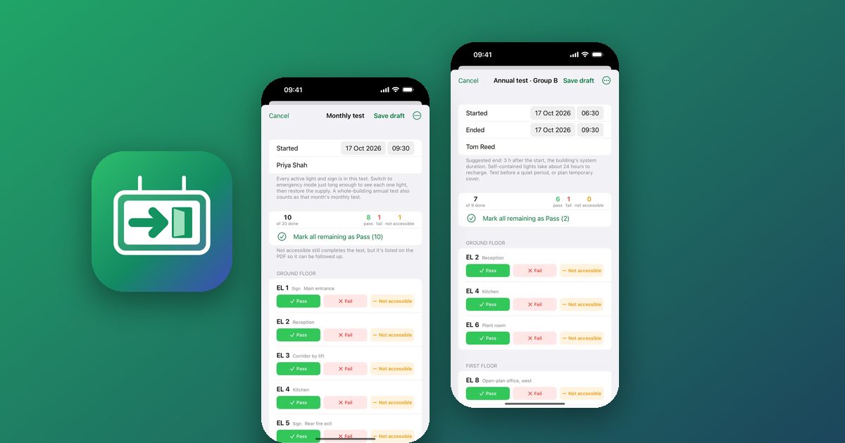 ExitPath app showing the monthly emergency lighting flick test and annual test screens