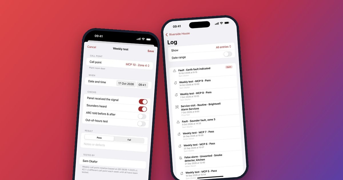 CallPoint app screens showing the weekly test form and the fire alarm log timeline