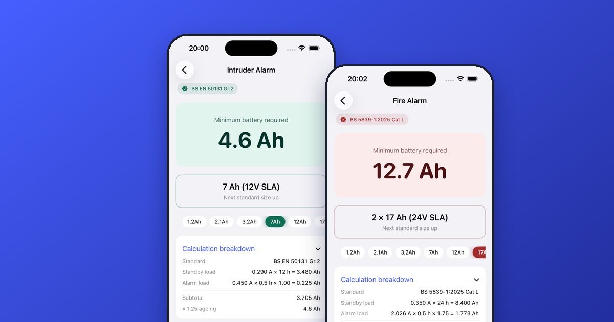 StandbyCalc battery calculation results for an intruder and a fire alarm system on two iPhones