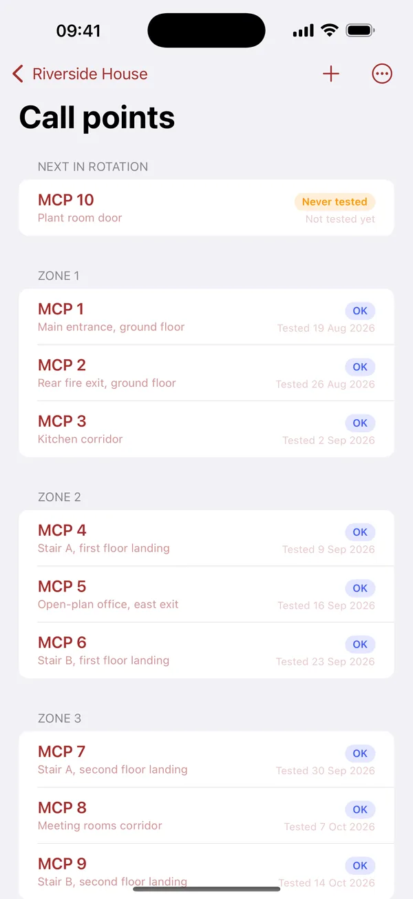 Call points list grouped by zone, with the next in rotation