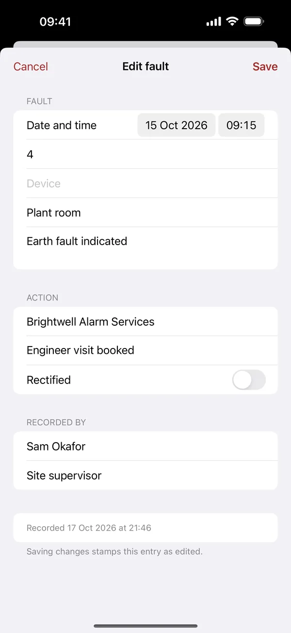 Fault record with action, recorded by and rectified status