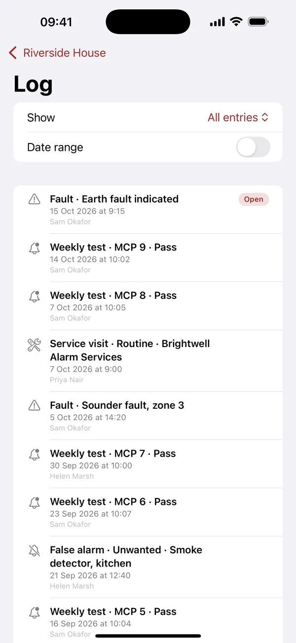 Log book timeline of weekly tests, faults, false alarms and service visits