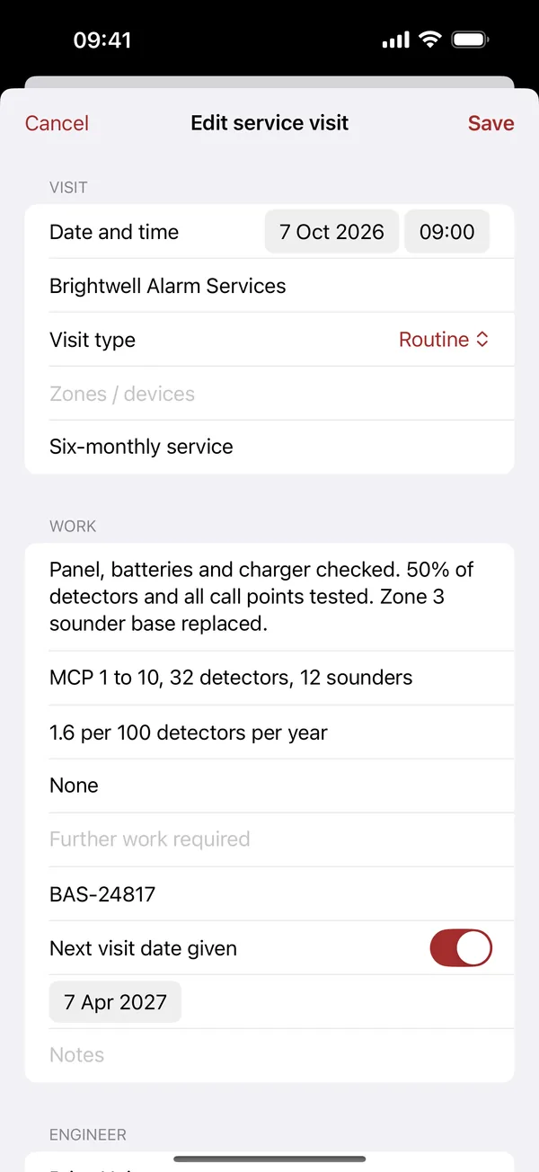 Service visit record with work done, devices tested and next visit date