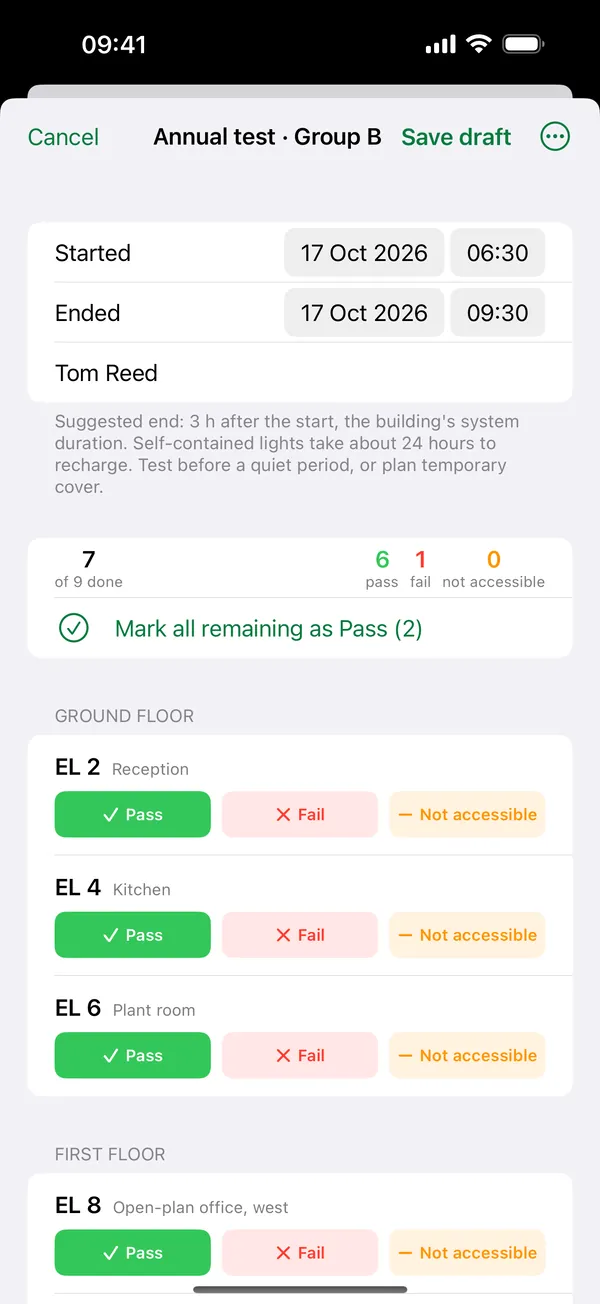 Annual full-duration test for the whole building or in two halves, with a recharge reminder