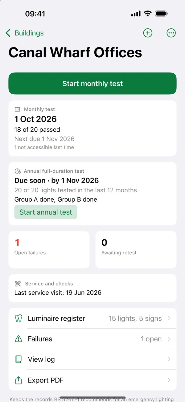 ExitPath building dashboard: next monthly test due, annual cover and open failures