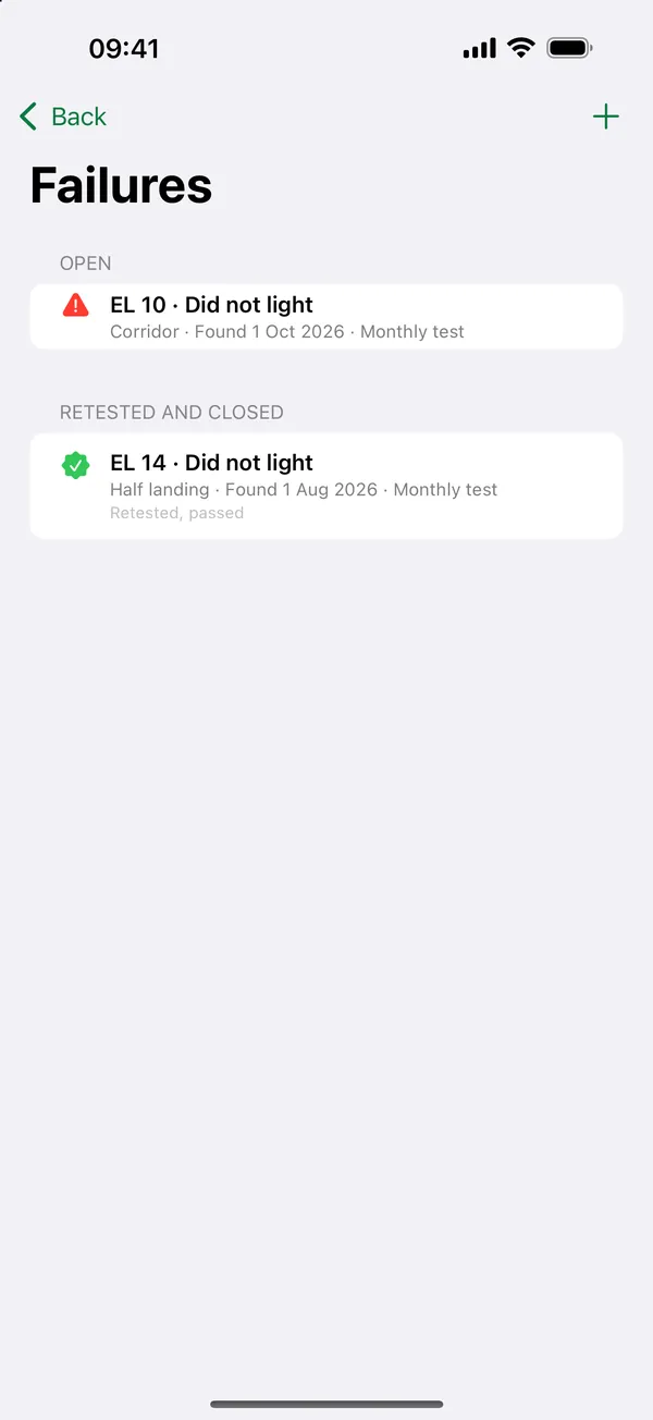 Failure record with action taken, temporary measures and retest status