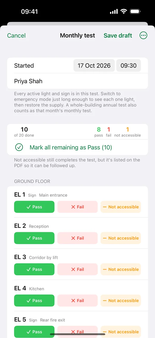 Monthly flick test: one screen listing every light with Pass, Fail and Not accessible, and a Mark all remaining as Pass button