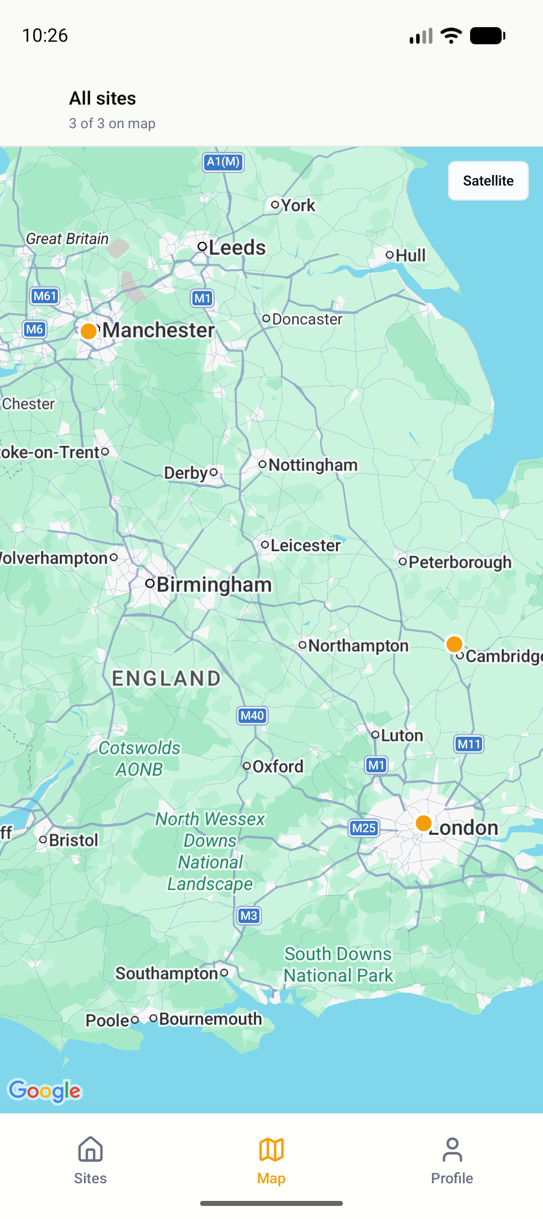 GroundPin all-sites map showing multiple sites across England
