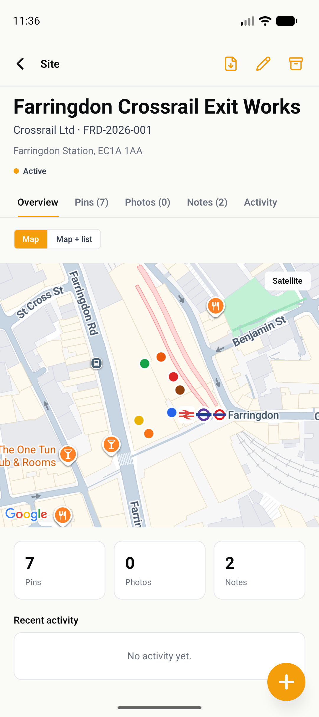 GroundPin site detail map with colour-coded utility pins