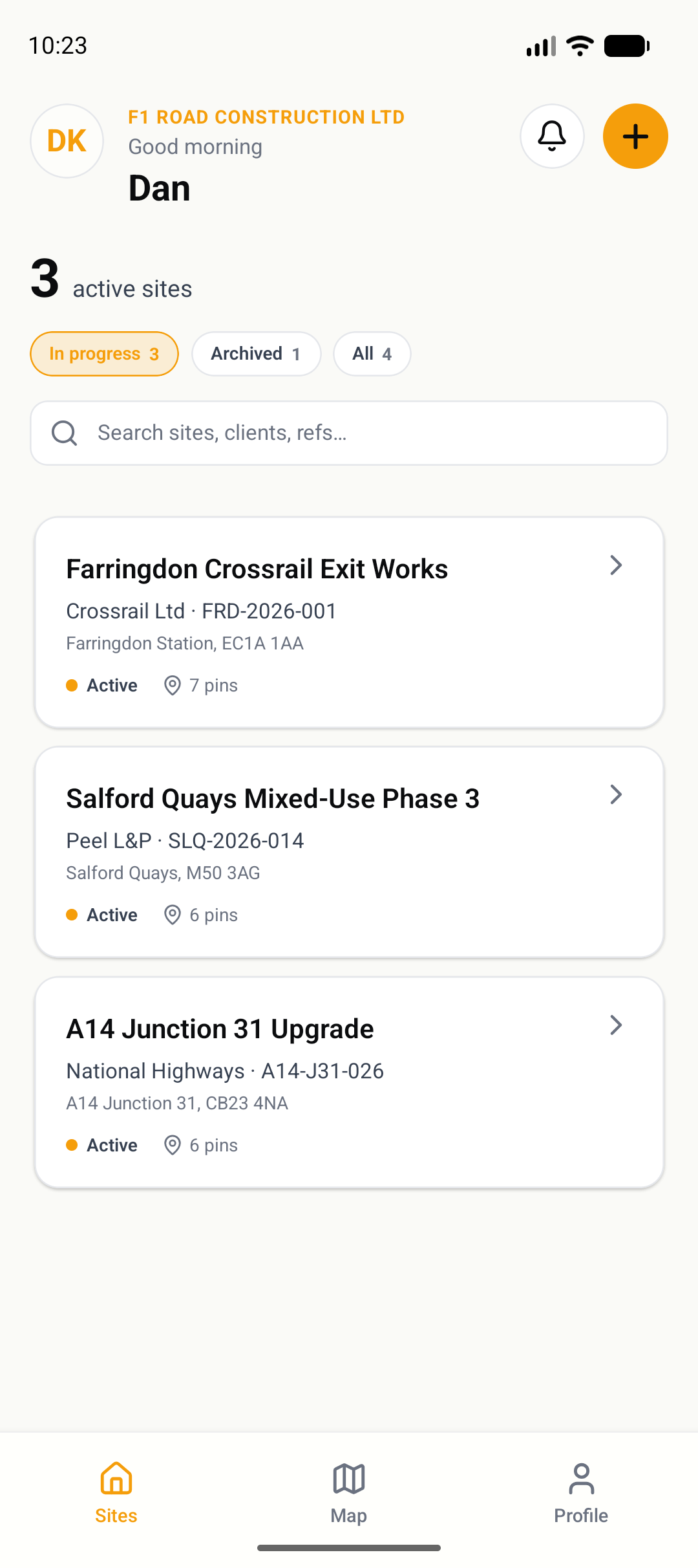 GroundPin sites list showing active sites for an organisation