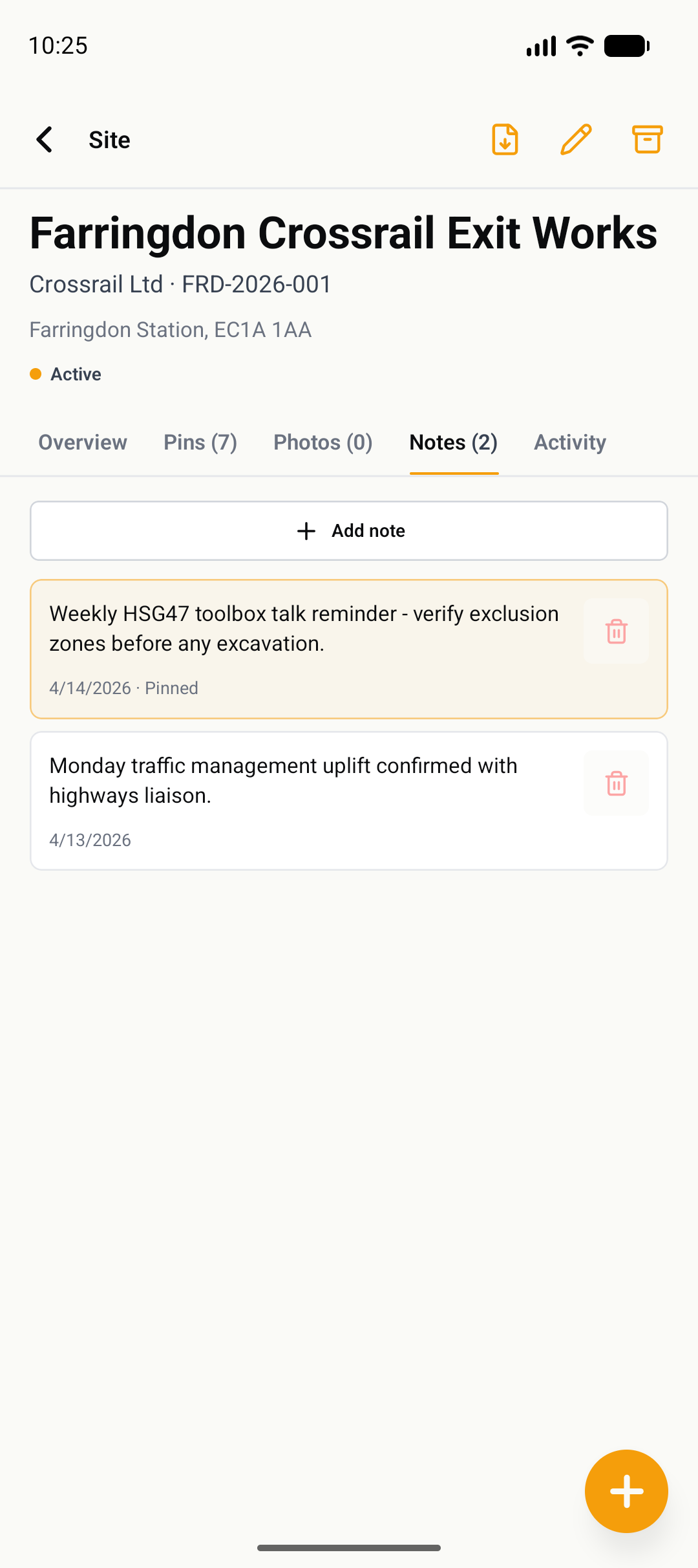 GroundPin site notes with pinned HSG47 safety reminders