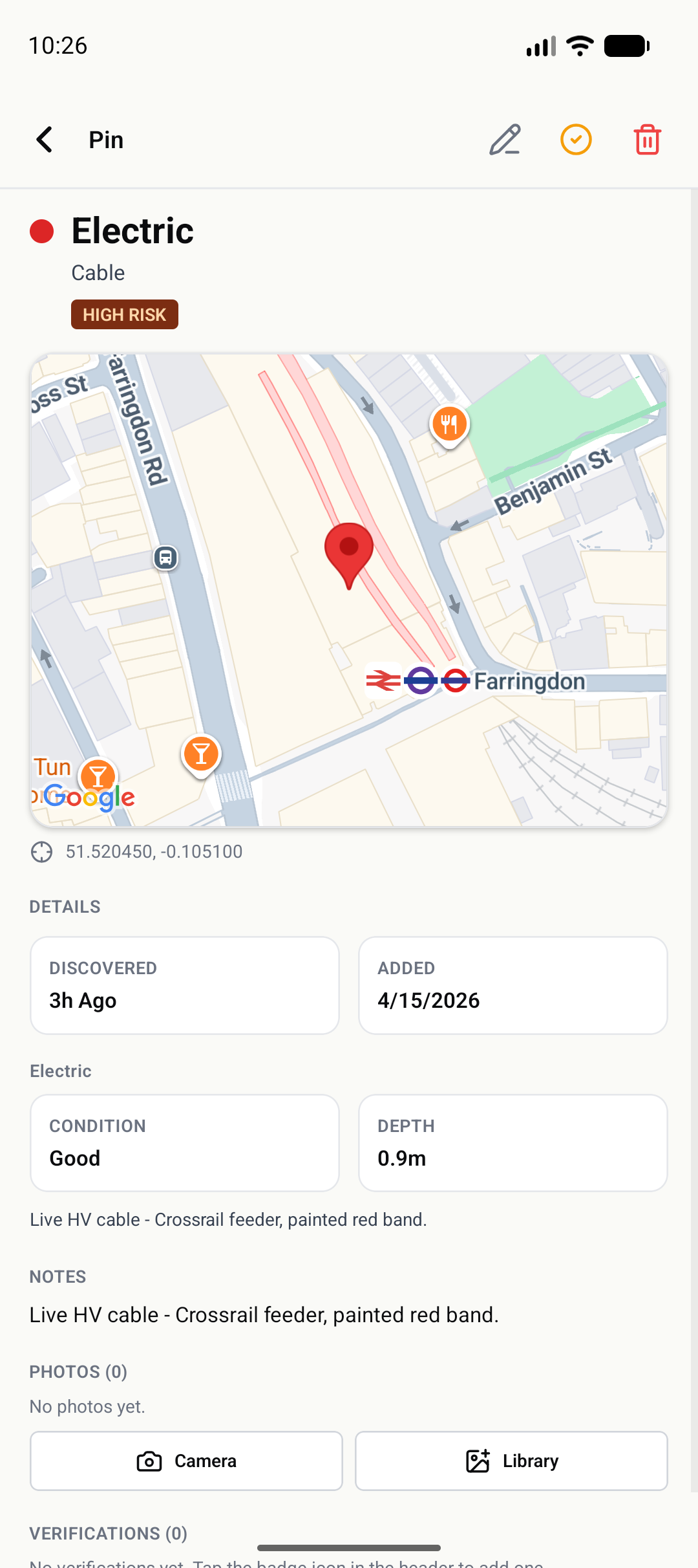 GroundPin pin detail showing utility type, risk level, depth and condition