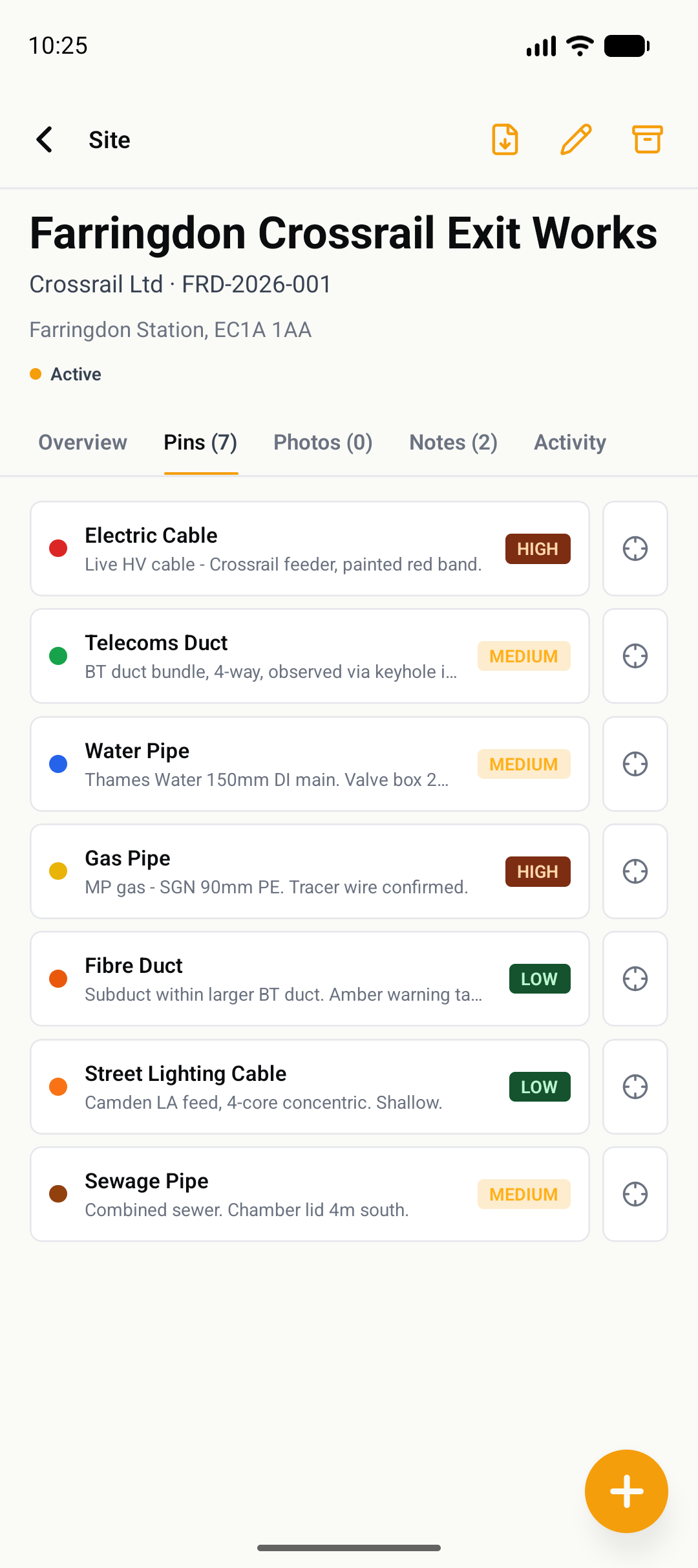 GroundPin pins list with risk classification badges