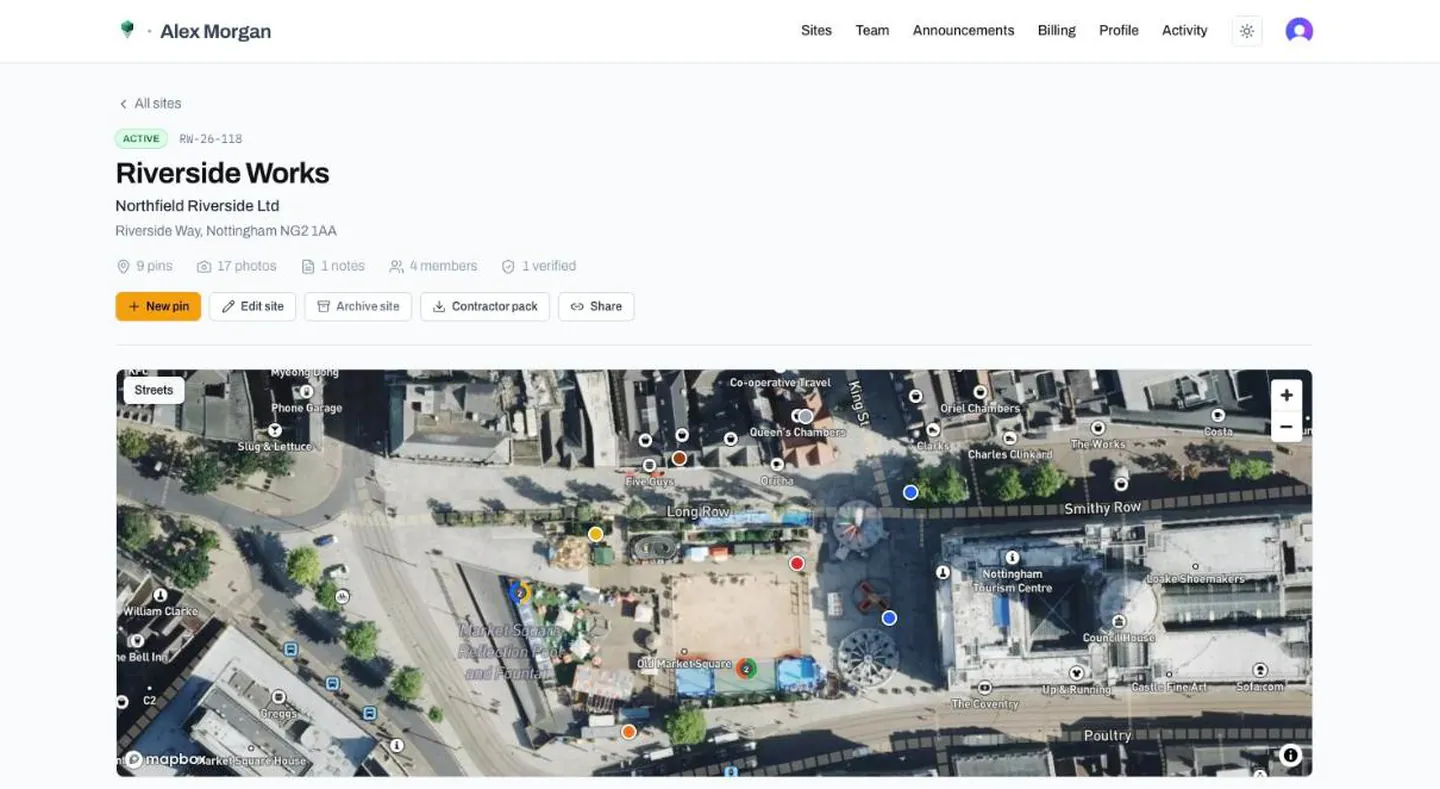 GroundPin web dashboard site page with satellite map, pin markers and New pin, Contractor pack and Share actions