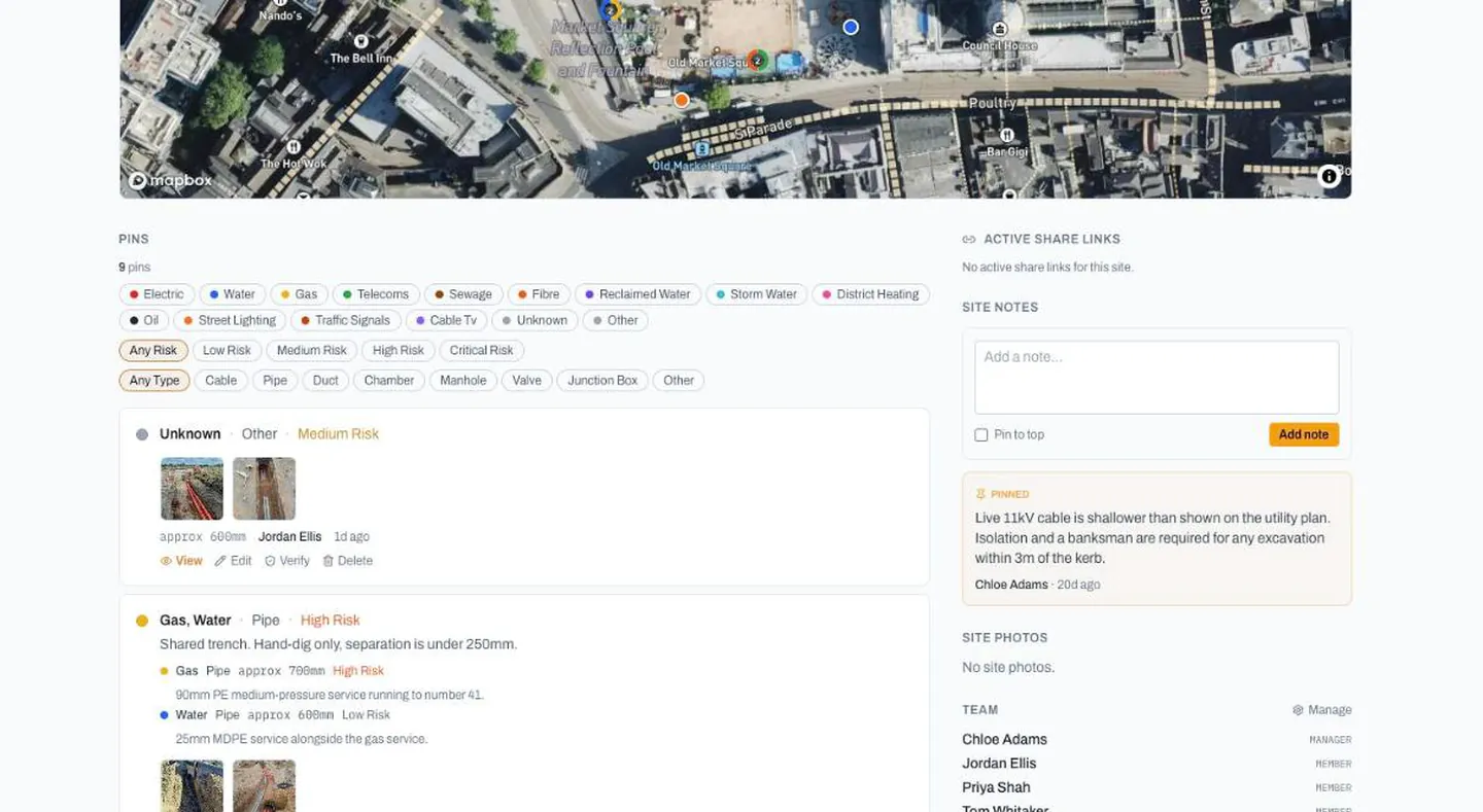 GroundPin web dashboard pins list with utility filters, site notes, share links and team