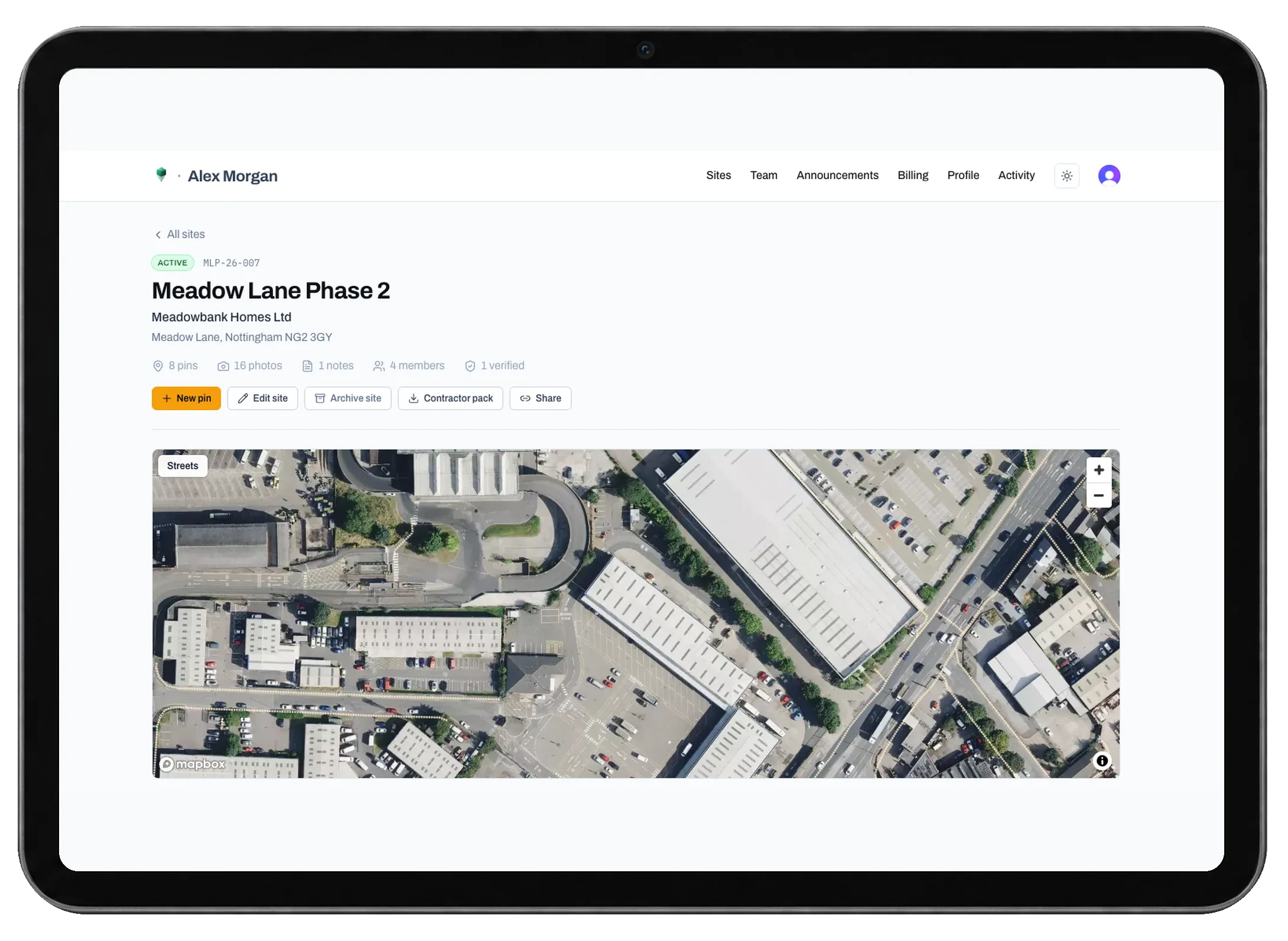 GroundPin site page on a tablet with a Contractor pack button beside New pin, Edit site and Share
