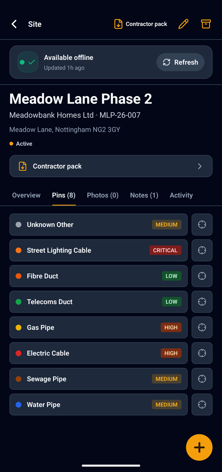 GroundPin site screen showing the site available offline with a Contractor pack button and the pins list
