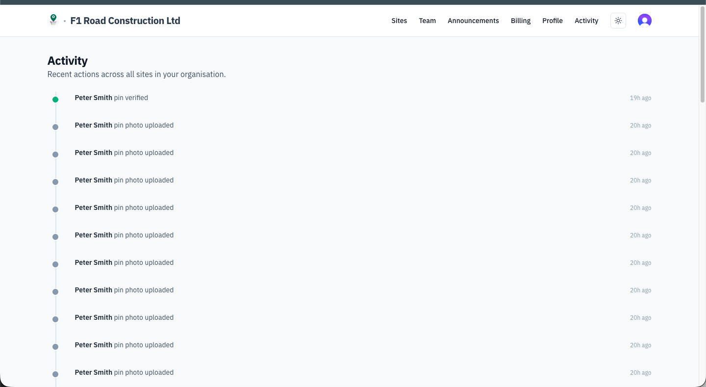 GroundPin web dashboard activity feed showing organisation-wide audit trail