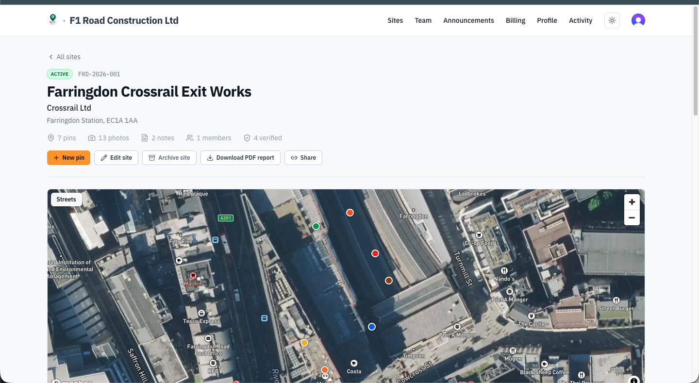 GroundPin web dashboard site detail showing satellite map with colour-coded pins