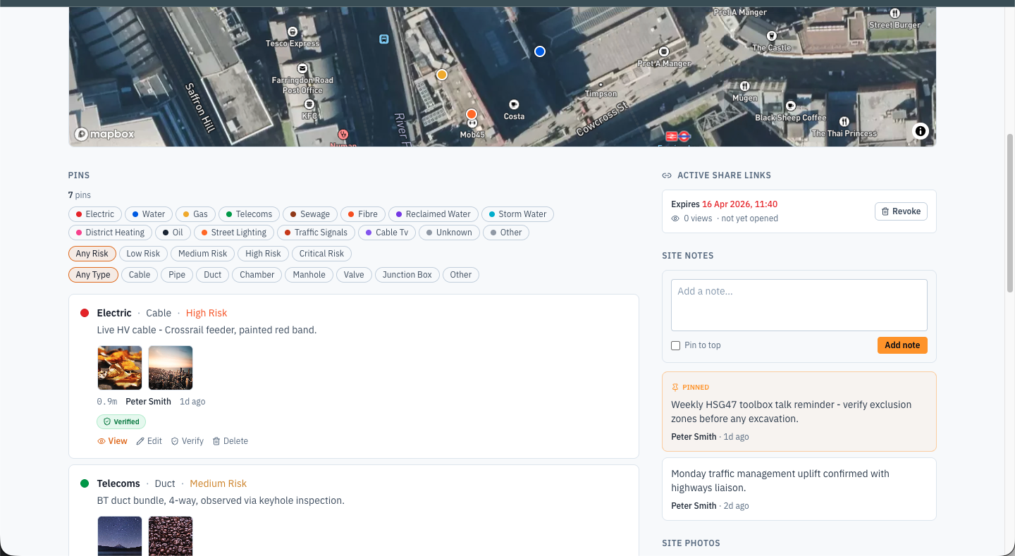 GroundPin web dashboard pins list with utility type and risk level filters