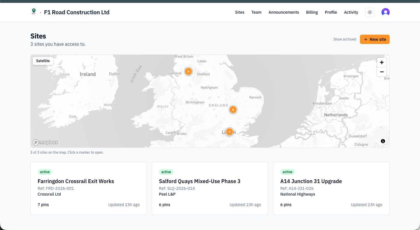 GroundPin web dashboard showing sites overview with map of England and site cards