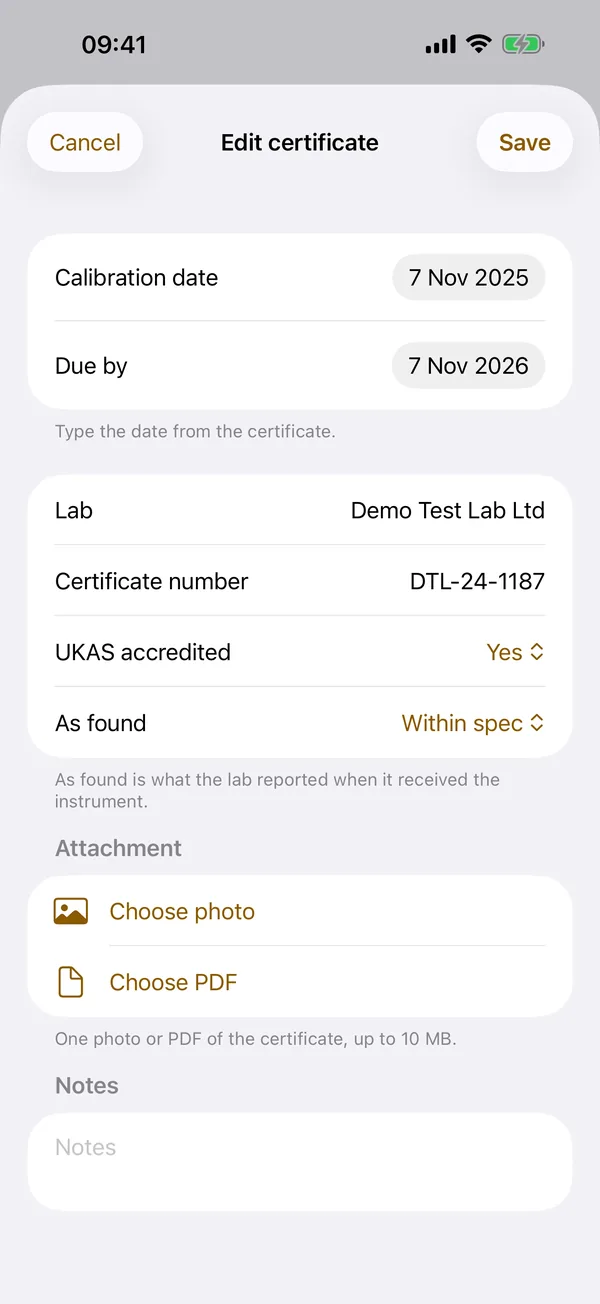 Recording a calibration certificate: dates, lab, certificate number, as-found result and an attached photo or PDF
