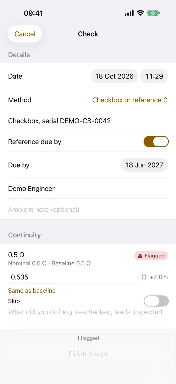 A check against a checkbox reference, with a reading compared with the baseline and marked Flagged