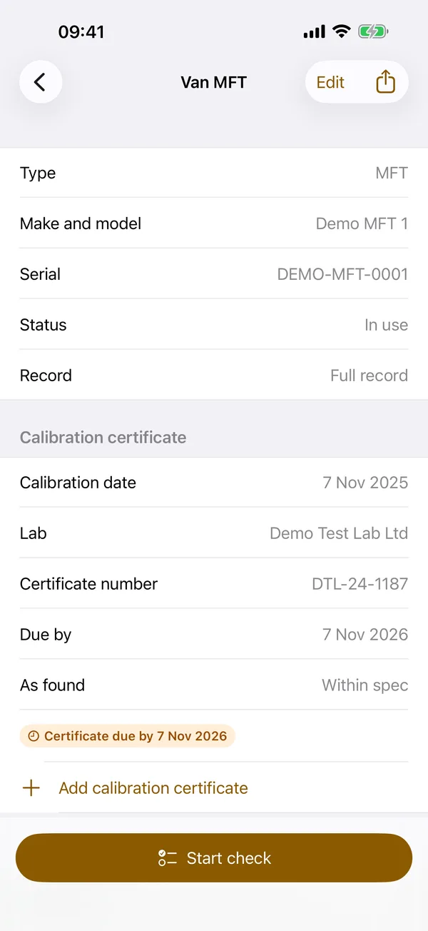 Instrument record with make, model, serial number and the latest calibration certificate