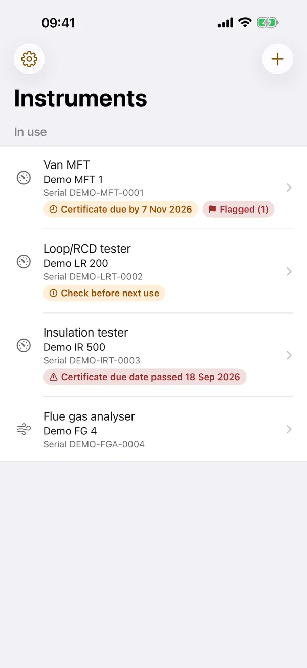 Instrument list showing each tester with its certificate due date and any flagged readings