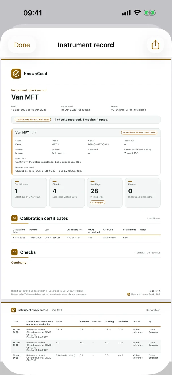 PDF instrument record preview with certificates and checks