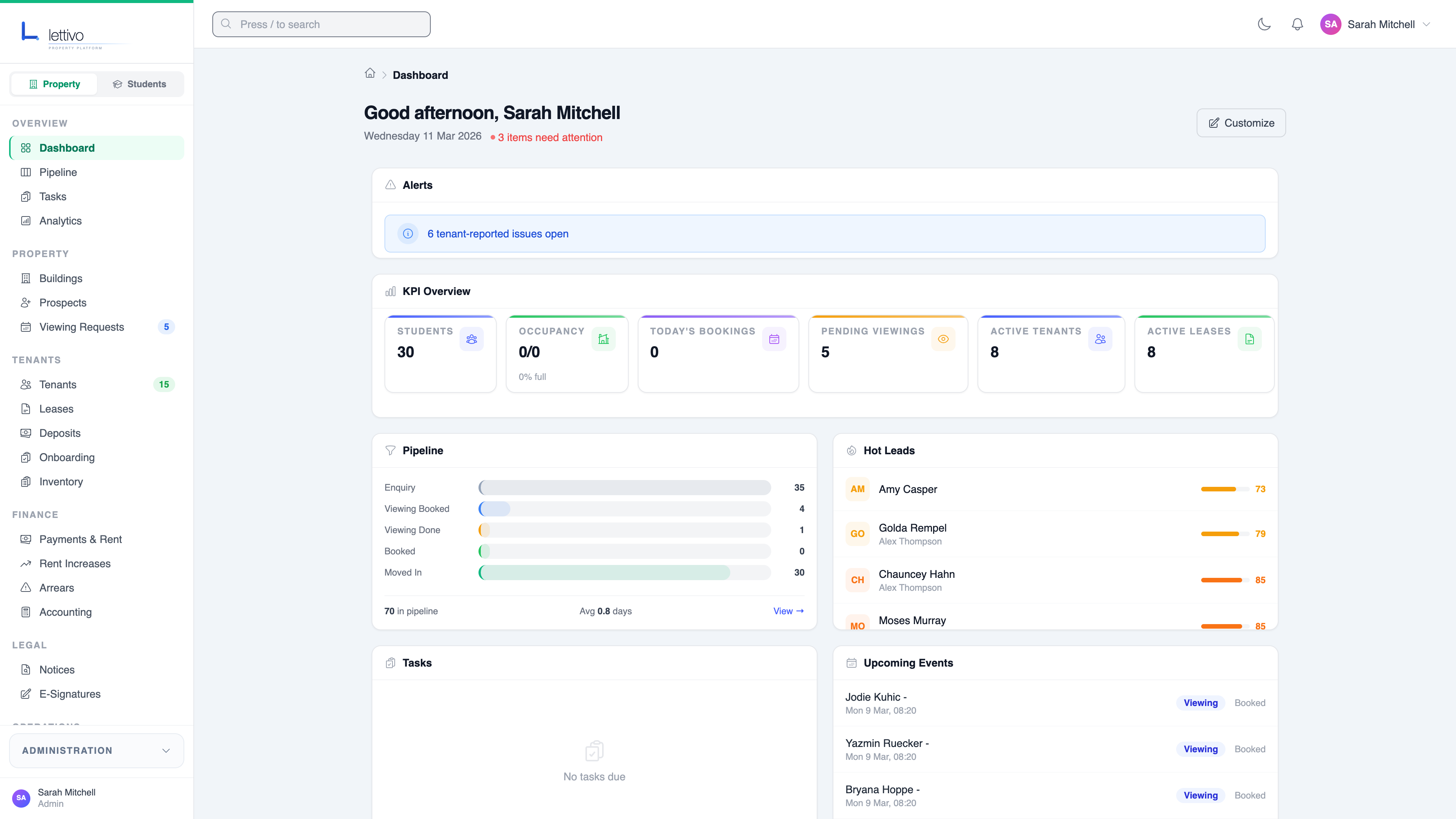 Lettivo dashboard with KPIs, occupancy, and booking velocity