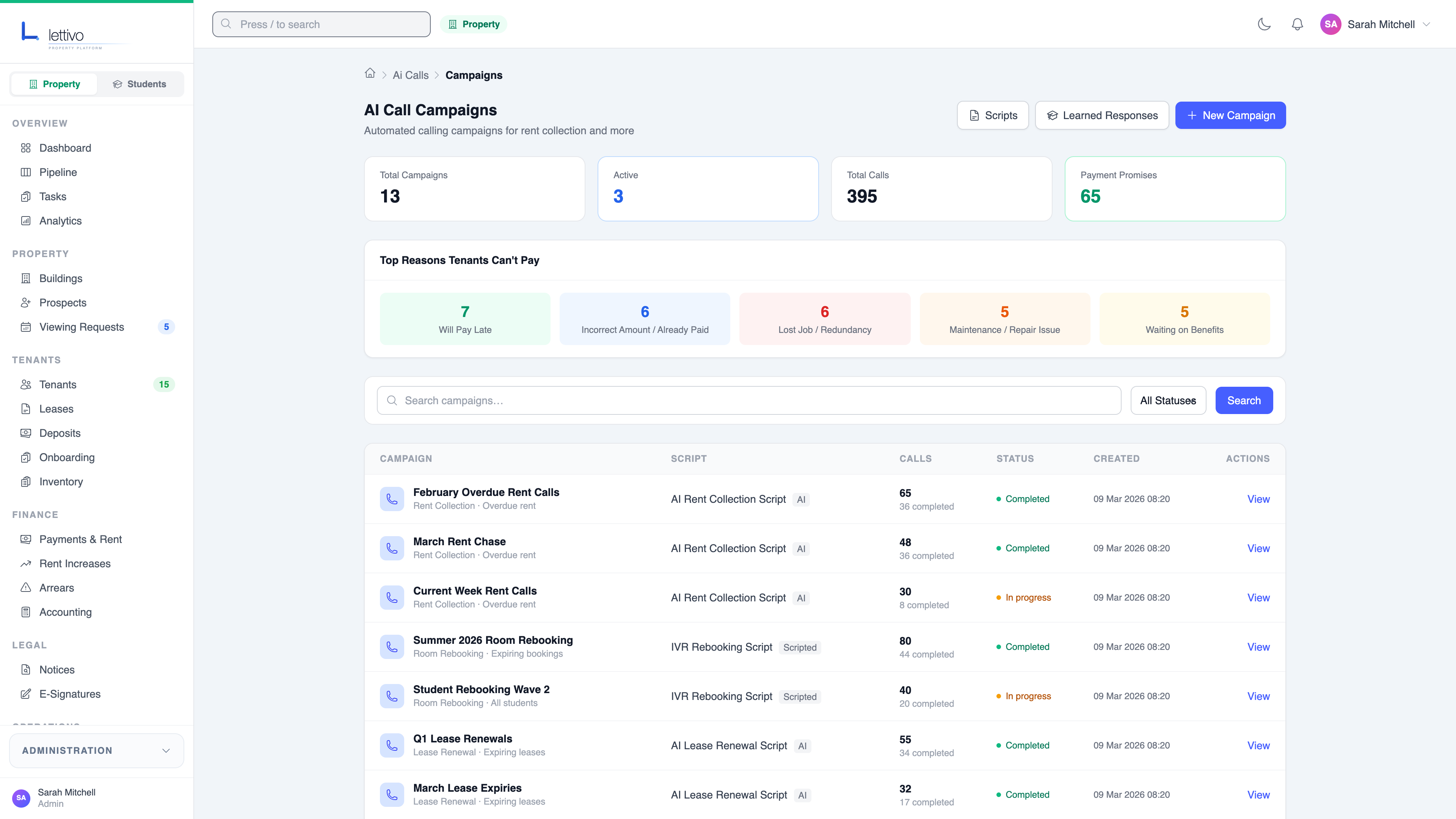 Lettivo AI outbound calling with script builder and outcome tracking