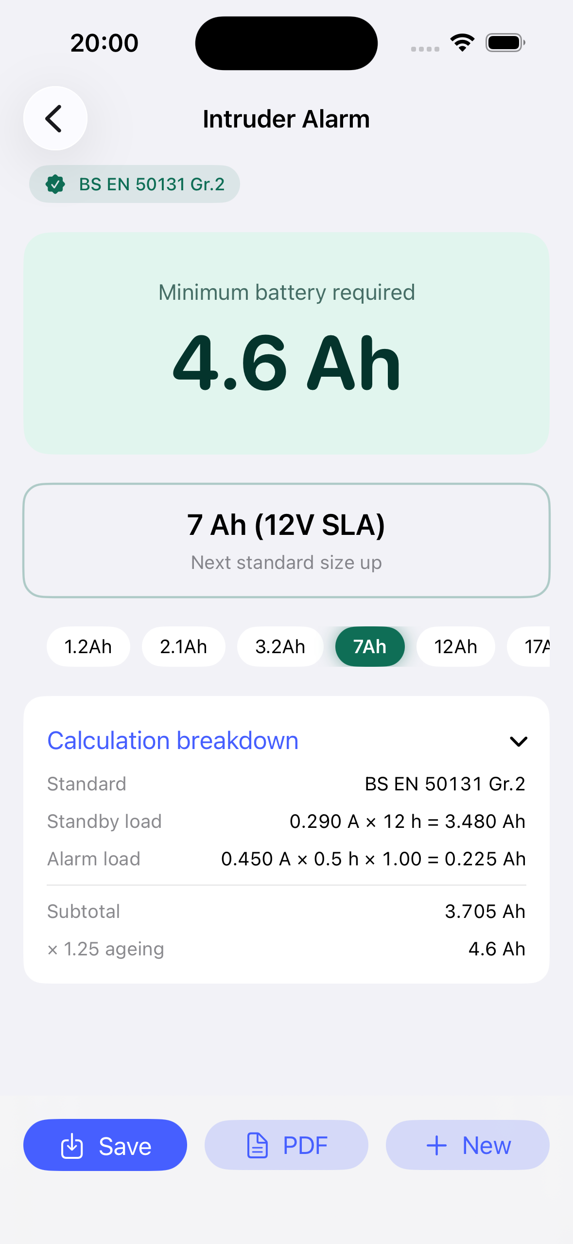 Battery calculation result